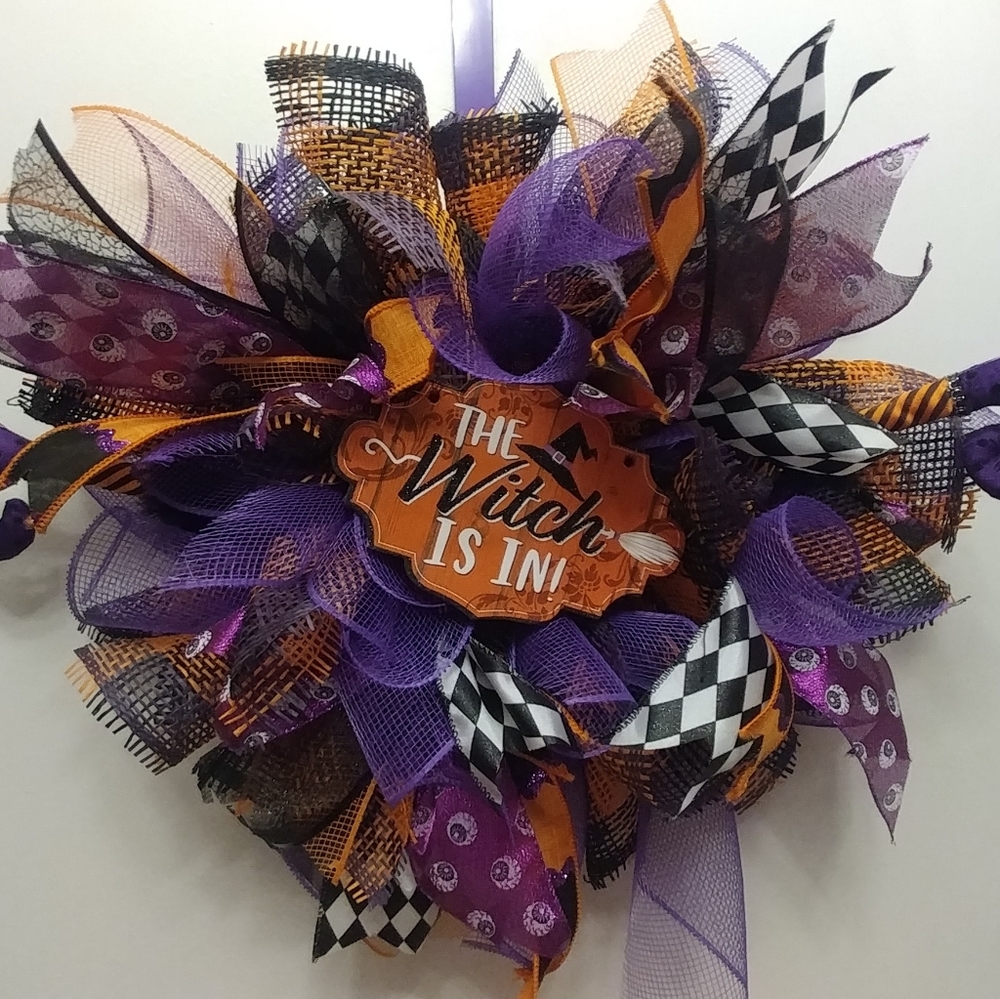 Homemade pixie-sized "The Witch Is In" wreath